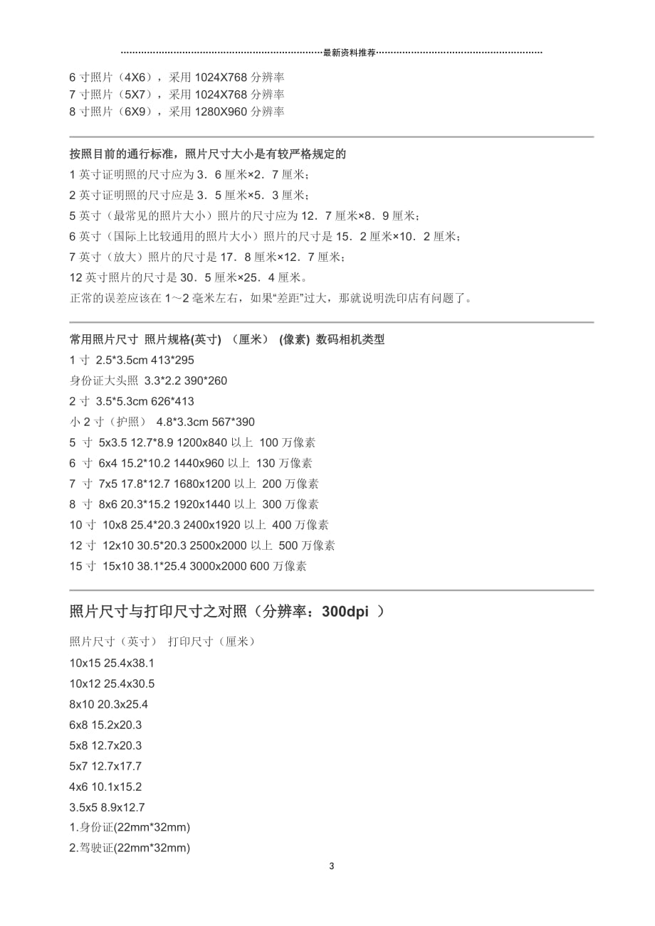 照片像素尺寸对照表精编版