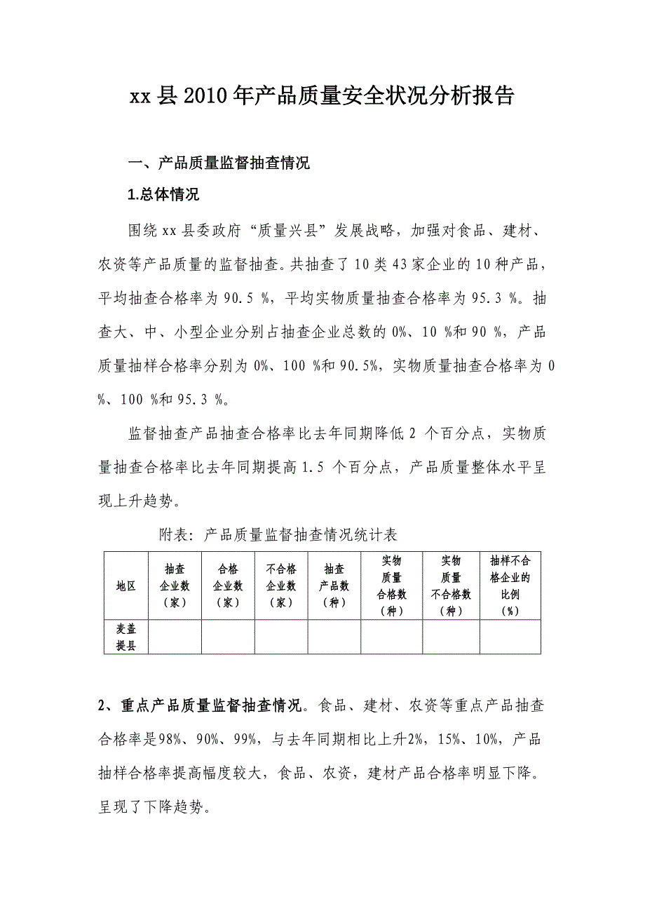 精编某县年度产品质量安全状况分析报告