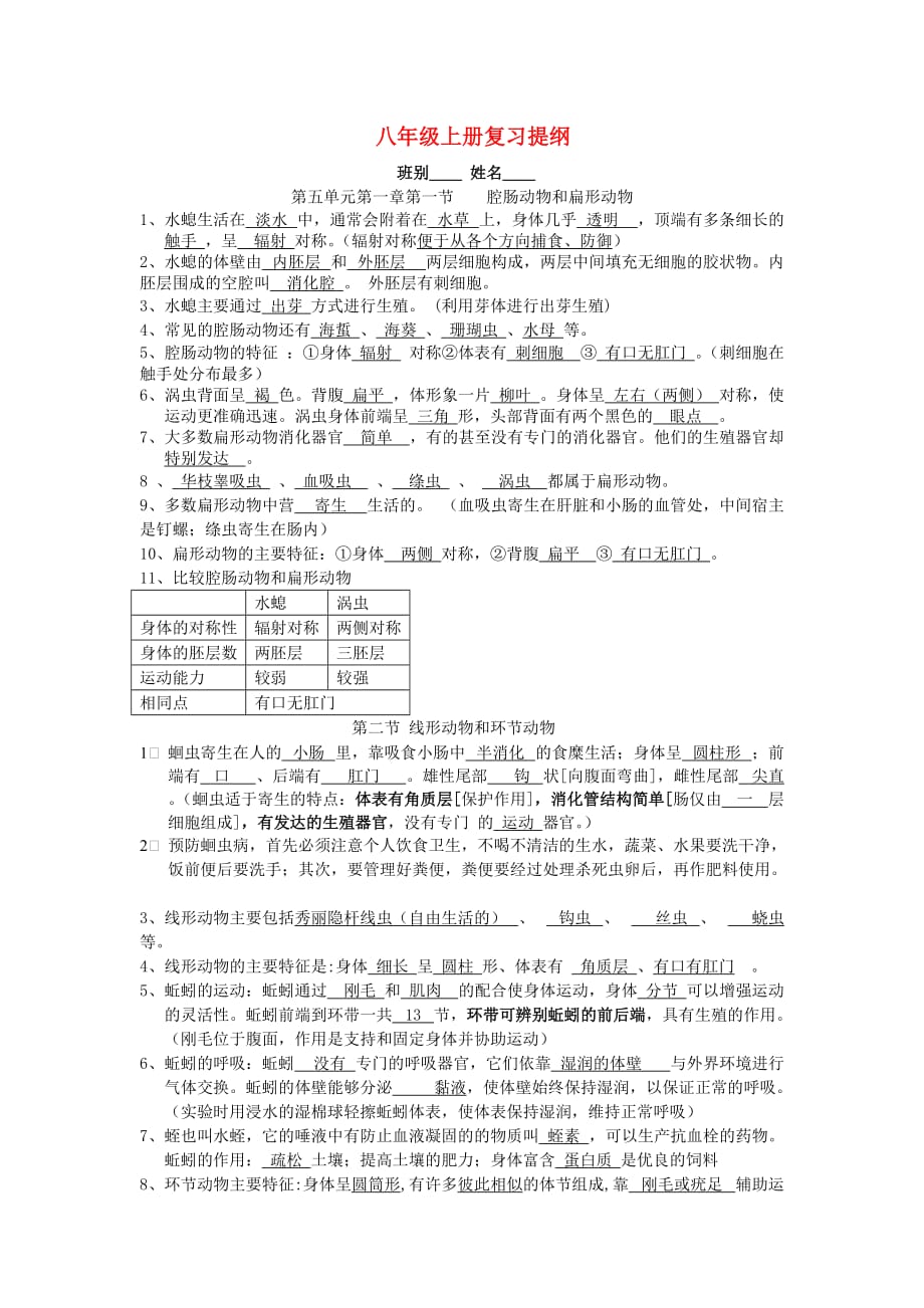 湖南省长沙市望城县乔口镇乔口中学八年级生物上册复习提纲新人教版