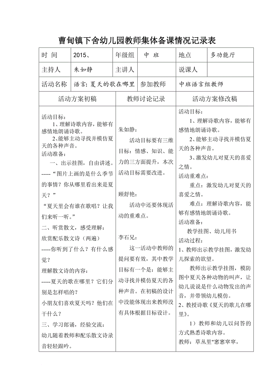 幼儿园集体备课记录表图片