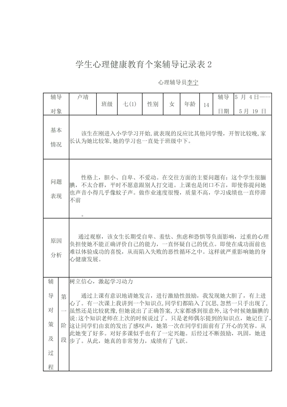 学生心理健康教育个案辅导记录表1资料