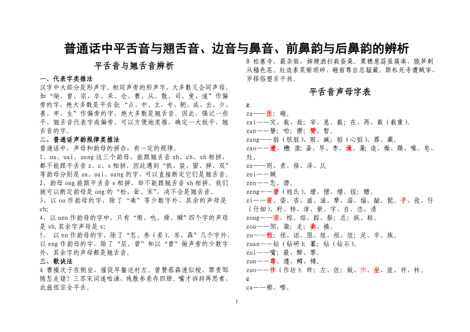 普通話平舌音與翹舌音邊音與鼻音前鼻韻與後鼻韻的辨析免財富下載