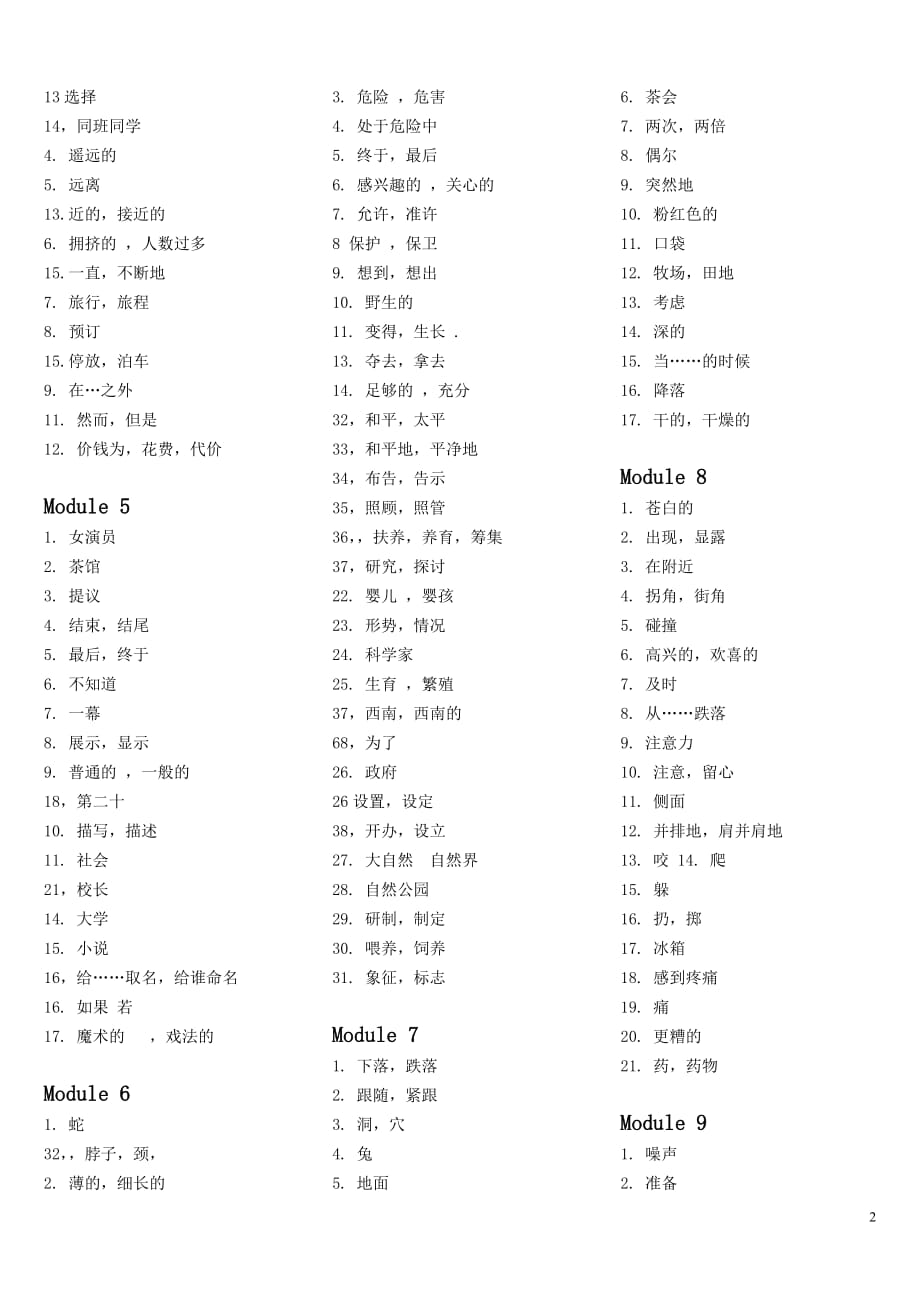 外研版初中英语八年级上册单词翻译表