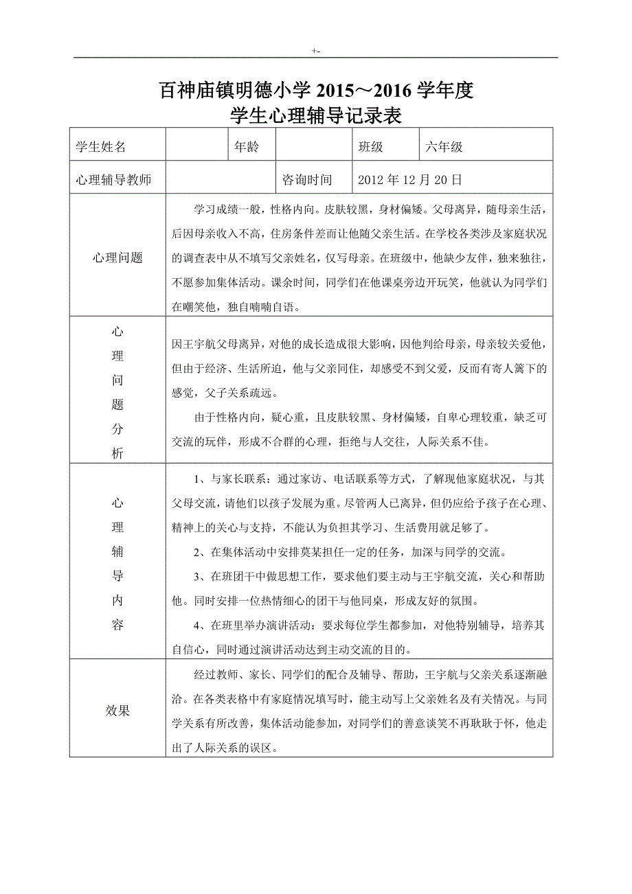 20152016小学心理咨询记录材料资料表1