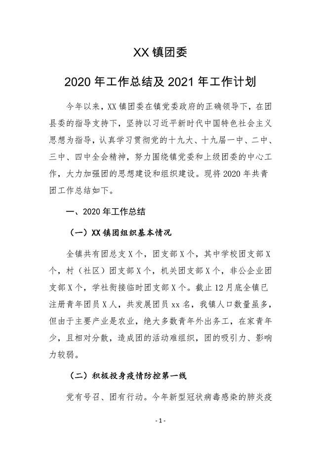 XX镇团委2020年工作总结及2021年工作计划