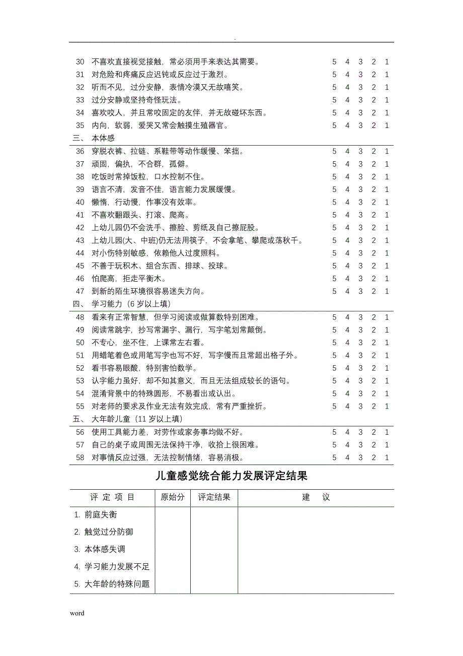 兒童感覺統合能力發展評定量表含原始分標準分轉換表