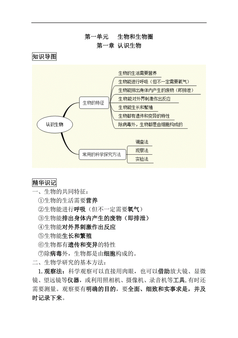 部編人教版七年級上冊生物中考考點精華識記思維導圖版doc