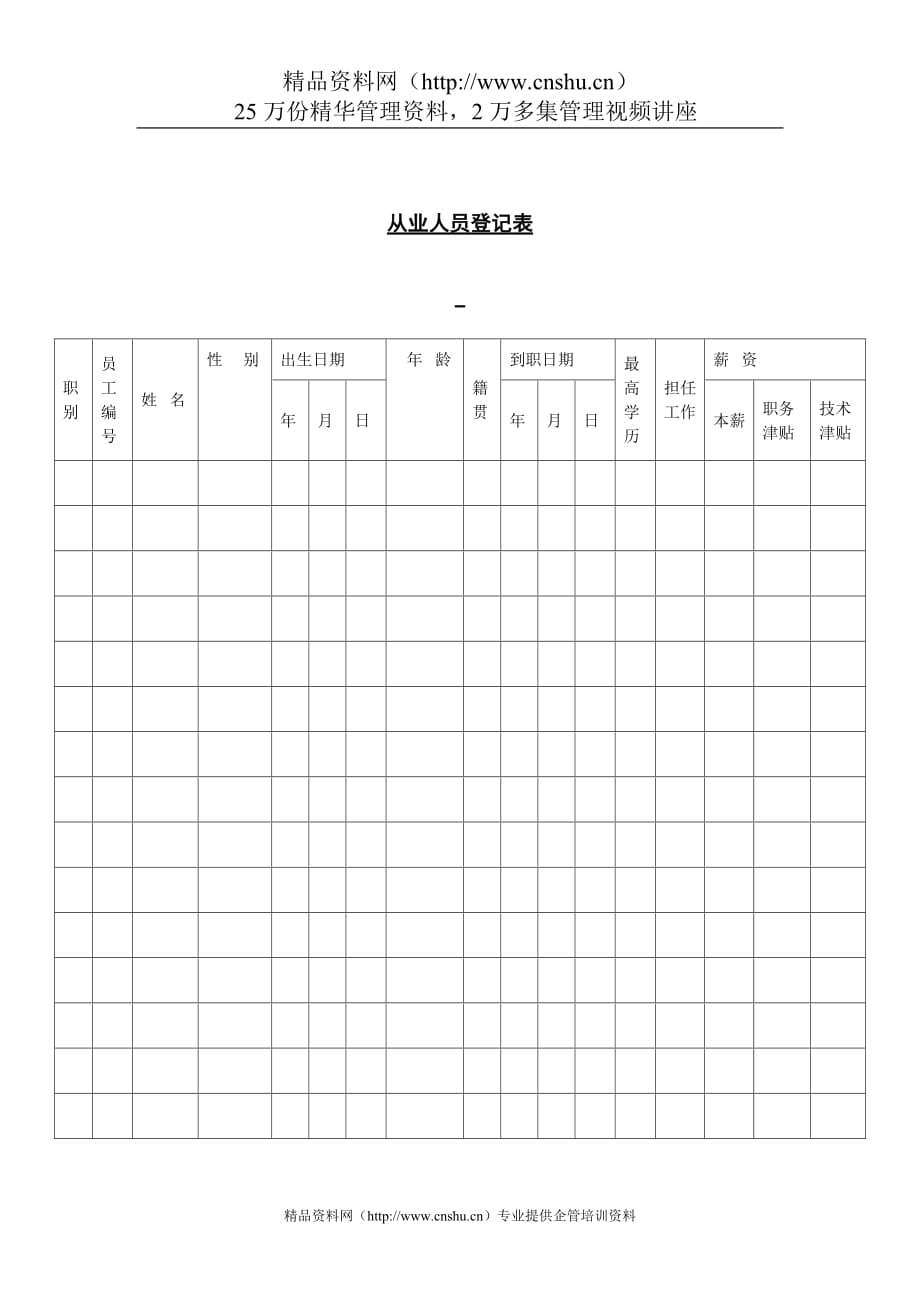 人力資源套表人事檔案表格從業人員登記表