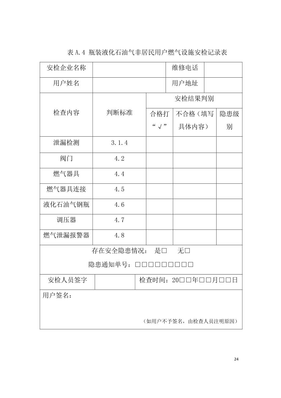 城镇燃气用户设施安全检查记录表