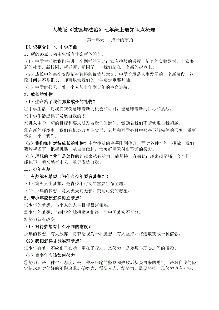 人教版道德与法治七年级上册知识点梳理最新编写修订